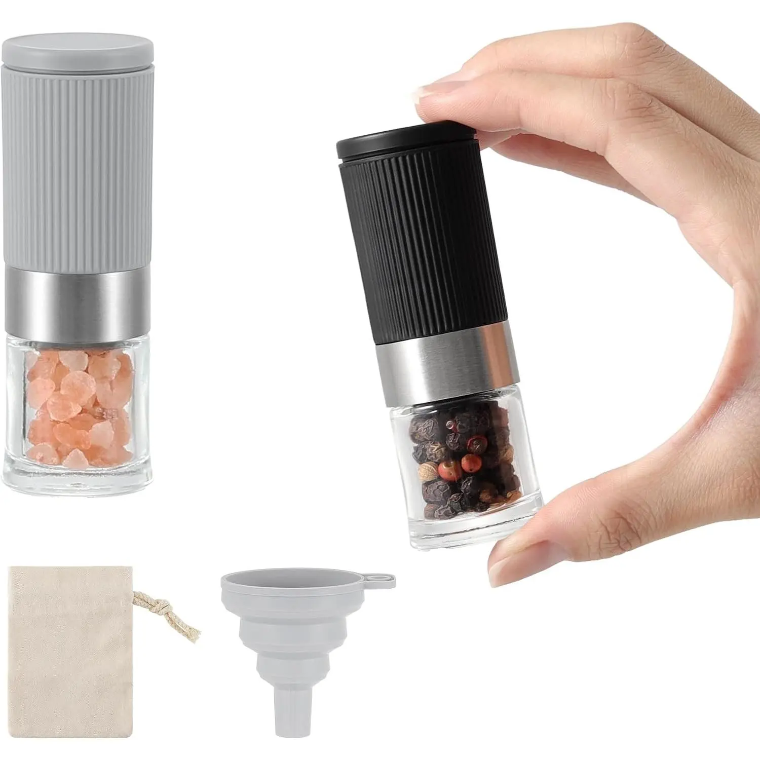 Mini Salt and Pepper Grinder Set, Small Tiny Adjustable Coarseness Ceramic Salt Grinder with Funnel and Bag Portable Handy Spice Pepper Mill Shaker For Outdoor Party Lunch Bag Kitchen
