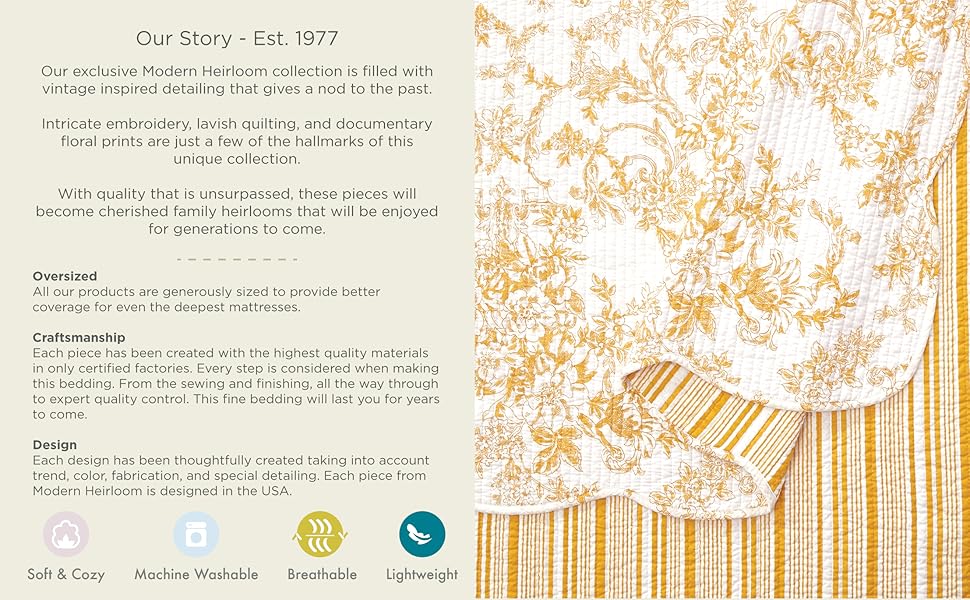 Toile 3-Piece Reversible Set - Lightweight Coverlet Set, Floral Vintage Quilted Bedding Set with 2 Shams, All, Full Queen Size, Blue |   Breathable, Reversible, Lightweight