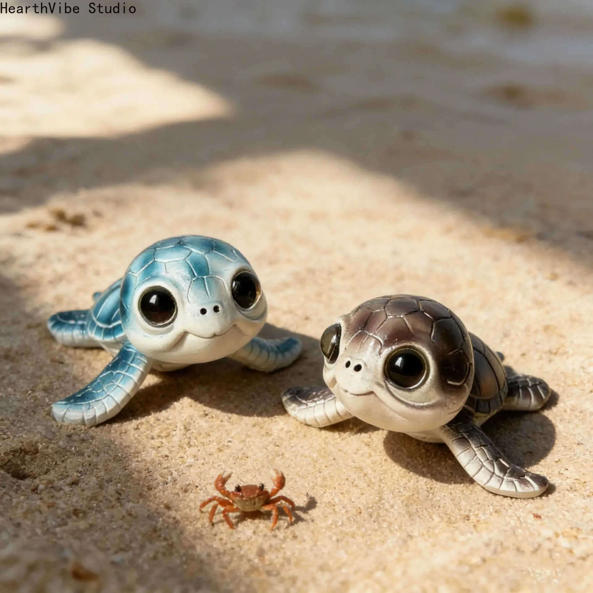 2 Pcs Cute Sea Turtle Garden Statues with Mini Crab Resin Baby Ocean Animal Sculpture Big Eyes Turtle Figurine for Outdoor Yard Patio Lawn Decoration