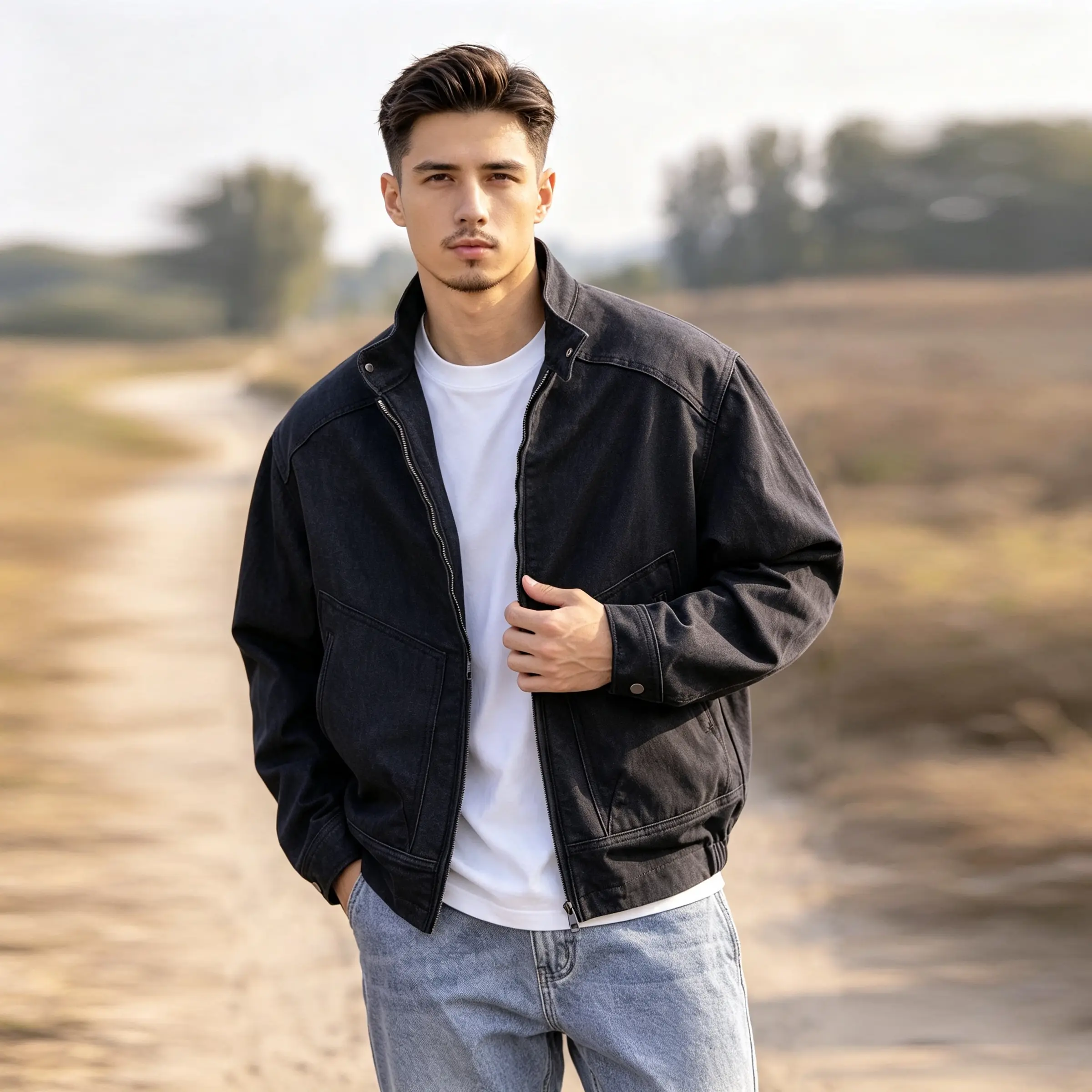 Oversized Vintage Old Money Denim Harrington Jacket for Men, Eco Active Dye Washed Black Workwear Zip Up Stand Collar Casual Fall Outerwear Big Size Coats Menswear