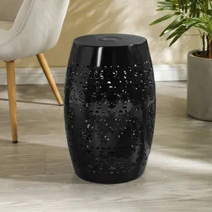 Black All-Iron 12.25"L*12.25"W*18.25"H Hollow Cutout Solar Side Table, Built-In Solar Lamp 10.2LBS Load Multi-Purpose Plant Stand Nightstand Decor Accent Table Indoor Outdoor for Patio Garden Bedroom Balcony