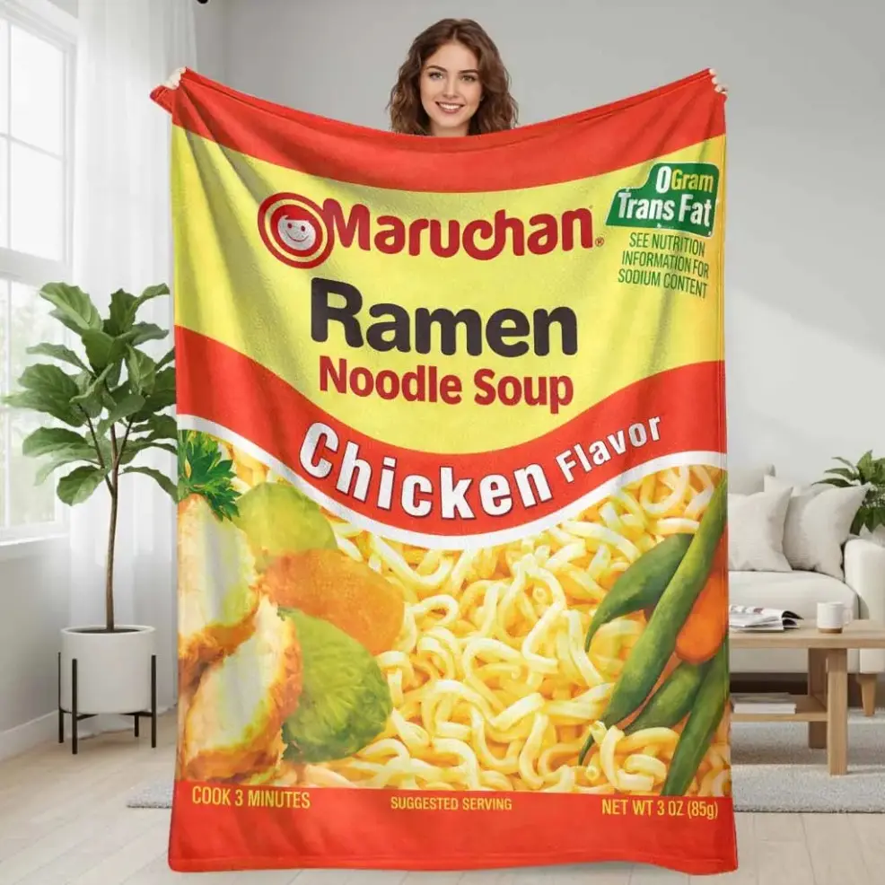 Chicken Ramen Noodle Soup Food Print Flannel Blanket, Soft Warm Lightweight Cozy Throw Blankets for Indoor Home Use & Outdoor Picnic, Baby blankets and adult blankets, Unique Instant Noodles Food Themed Decor Blanket, Ideal Holiday Gift for Birthday, Chri