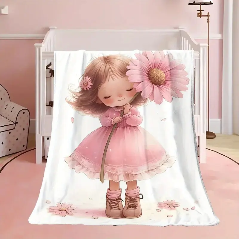 Sweet Floral Cartoon Girl Blanket Throw for Baby Nursery Decor Pink Pastel Kids Toddler Bedspread Cozy Gift Idea Decoration