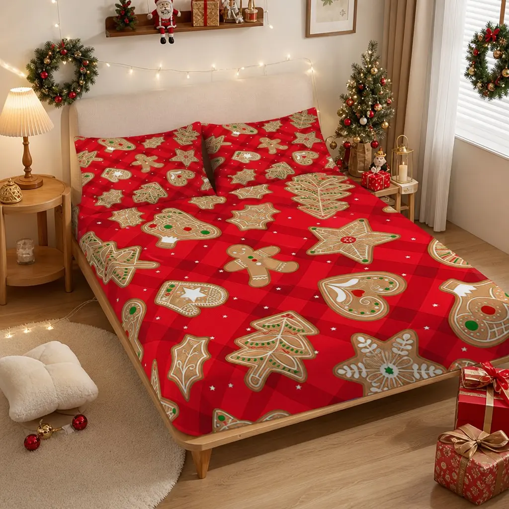 Vintage Plaid Gingerbread Man Christmas Bed Sheet Set, Tree Star Gloves Cookie Full Cover, 25cm Deep Pocket Non-Slip Mattress Protector, Twin Pillowcases