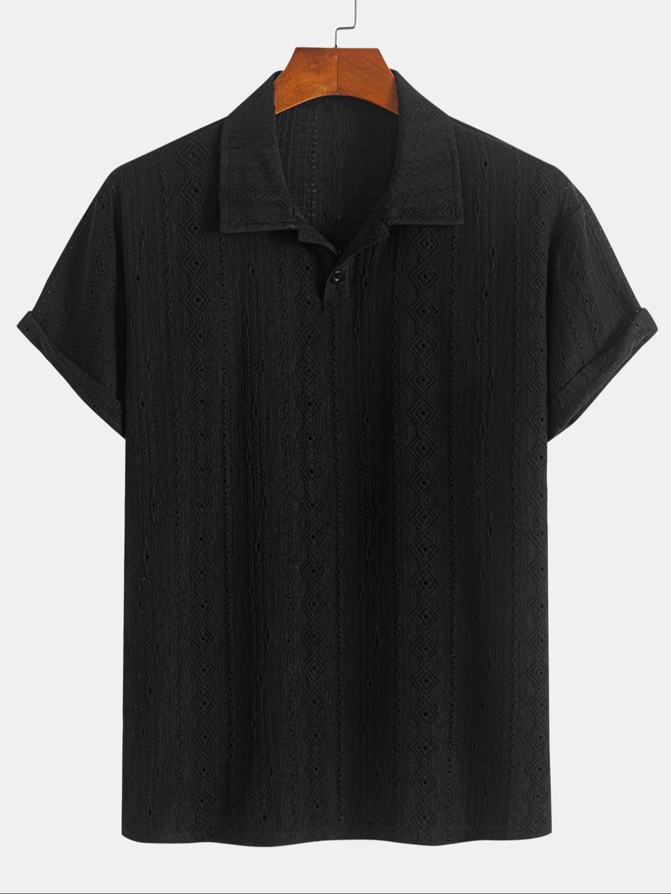 Men's Solid Jacquard Button Polo Shirt, Regular Fit Casual Short Sleeve Polo Top for Summer, Fashion Men's Clothes for Daily Wear