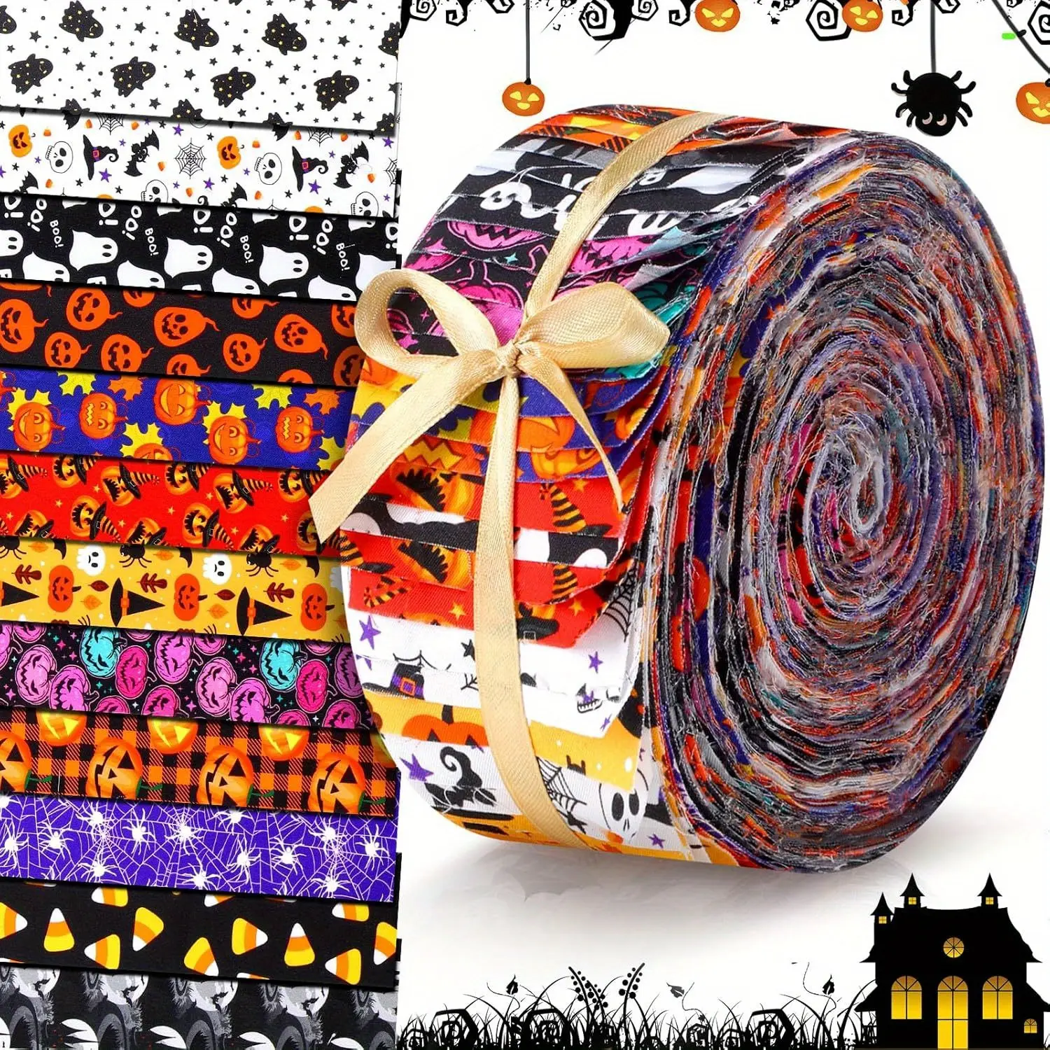 40Pcs Halloween Precut Fabric Strips - Halloween Theme, Spooky Theme, Ghost Pumpkin Bat Print Polyester Precuts, 6.5x50cm (2.55x19.7in) for Quilting DIY Crafts