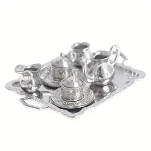 1/12 Dollhouse Mini Silver Color Metal Tea Coffee Tray Cutlery Set, Christmas Halloween Decor, Fall Home Decoration Collectible Statue