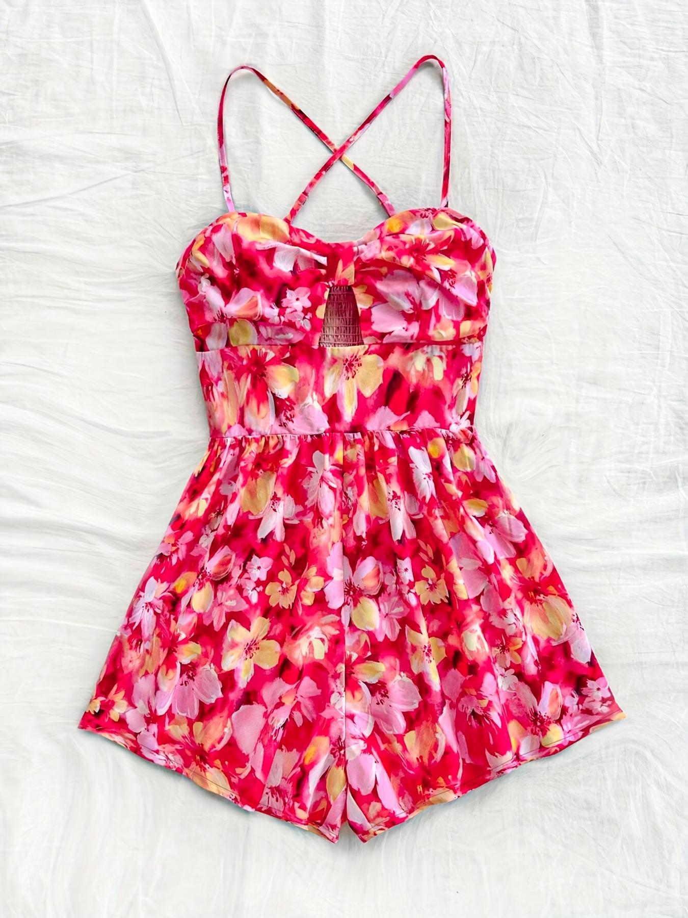 Women's Floral Print Cut Out Fitted Romper, Casual Sleeveless Romper for Summer, Fashion Women's Clothes for Beach Holiday Vacation