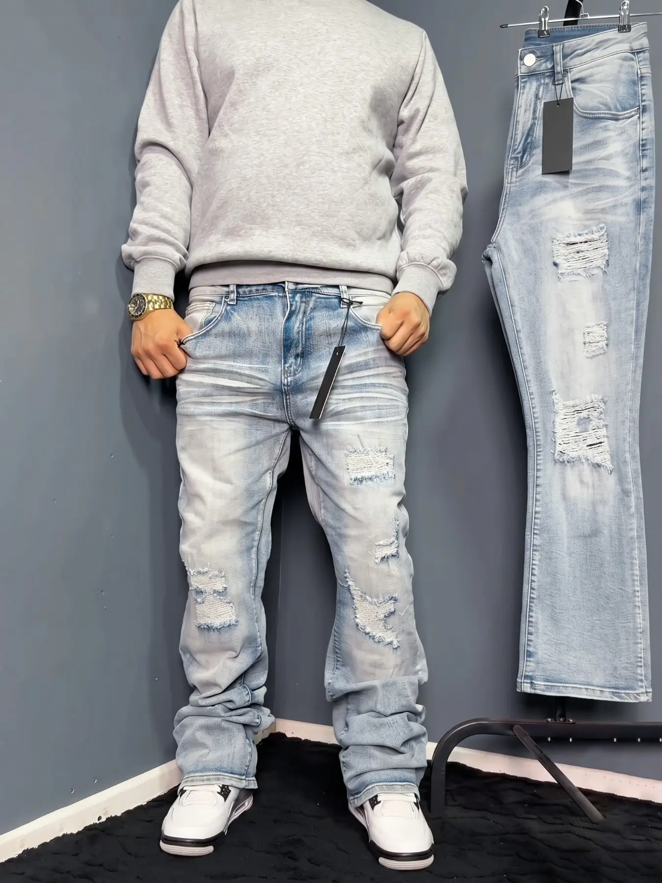 Men's Micro Flare Jeans, Loose-Fitting Button Fly Denim, Solid Color Y2K Style, All-Season Wear, Washed Fabric, Patchwork Design