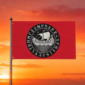 1pc Ancient Nordic Viking Drakkar Scandinavian Flag with Runes, Made of 100% Polyester, with 2 Hanging Rings. Suitable for use in the home/garden/outdoors/indoors. Available in 4 sizes. Wall Banner, Poster Banner, Sail Banner, Sign Banner