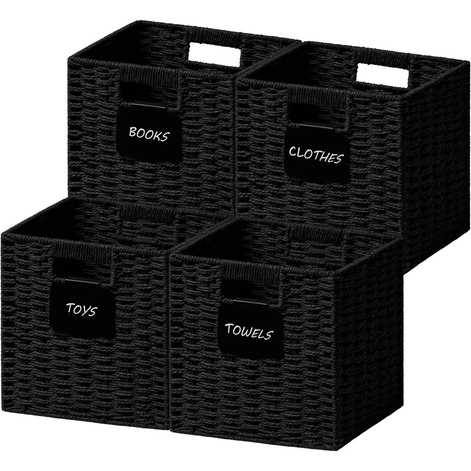 4 Pack Small Wicker Basket, 9×9 Storage Cubes with Label, Foldable Cube Storage Bin with Handle, Square Storage Basket for Shelves, Woven Paper Rope Basket for Organizing, Black
