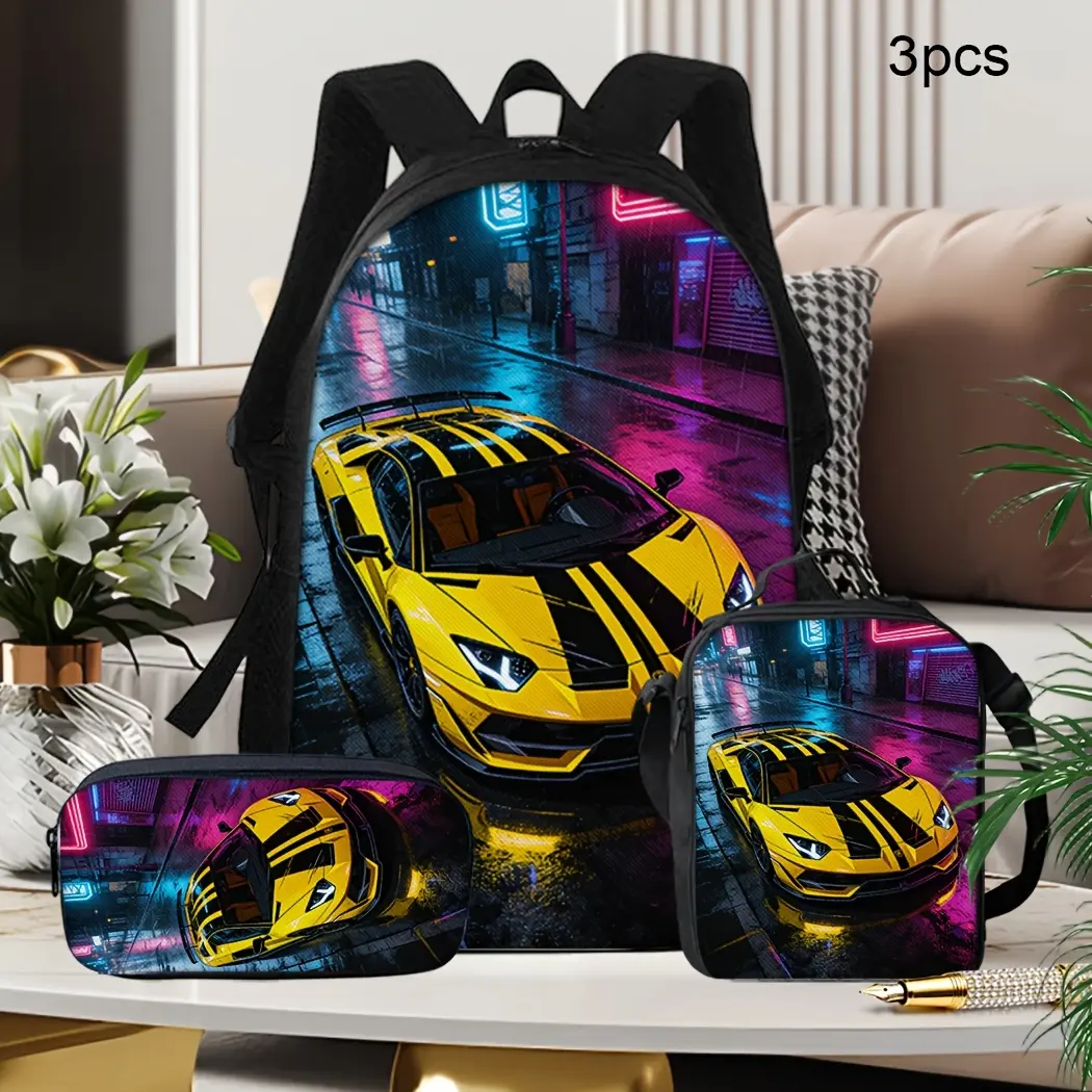 Yellow Sports Car 3 Piece Backpack Set for Kids and Teens, Neon City Racing School Bookbag with Matching Lunch Bag and Pencil Case, Cool Car Travel Daypack, Back to School Gift, Racing Fan Gift