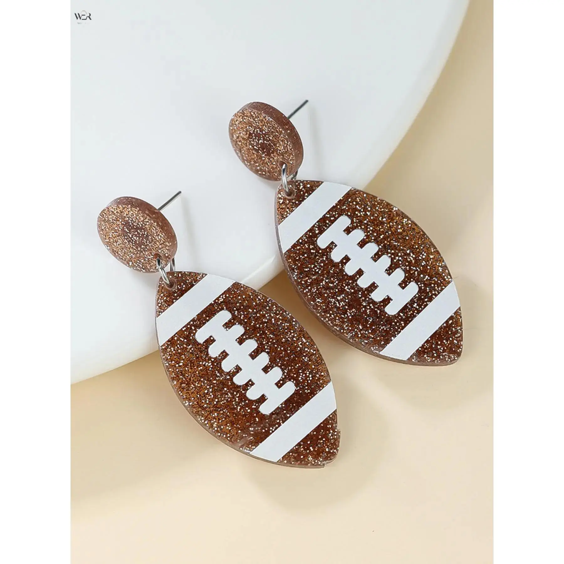 Women's Shiny Glitter Brown Football Print Drop Stud Earrings - Acrylic Lightweight Fashion Accessories for Women, Sports Game Day Fan Party Gift