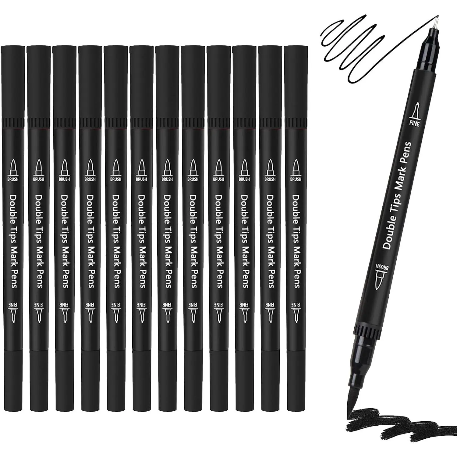 Black Double Tip Brush Pens Art Markers,12 Colored Artist Fine Brush Pen Coloring Markers for Adult Drawing Art Craft Kit