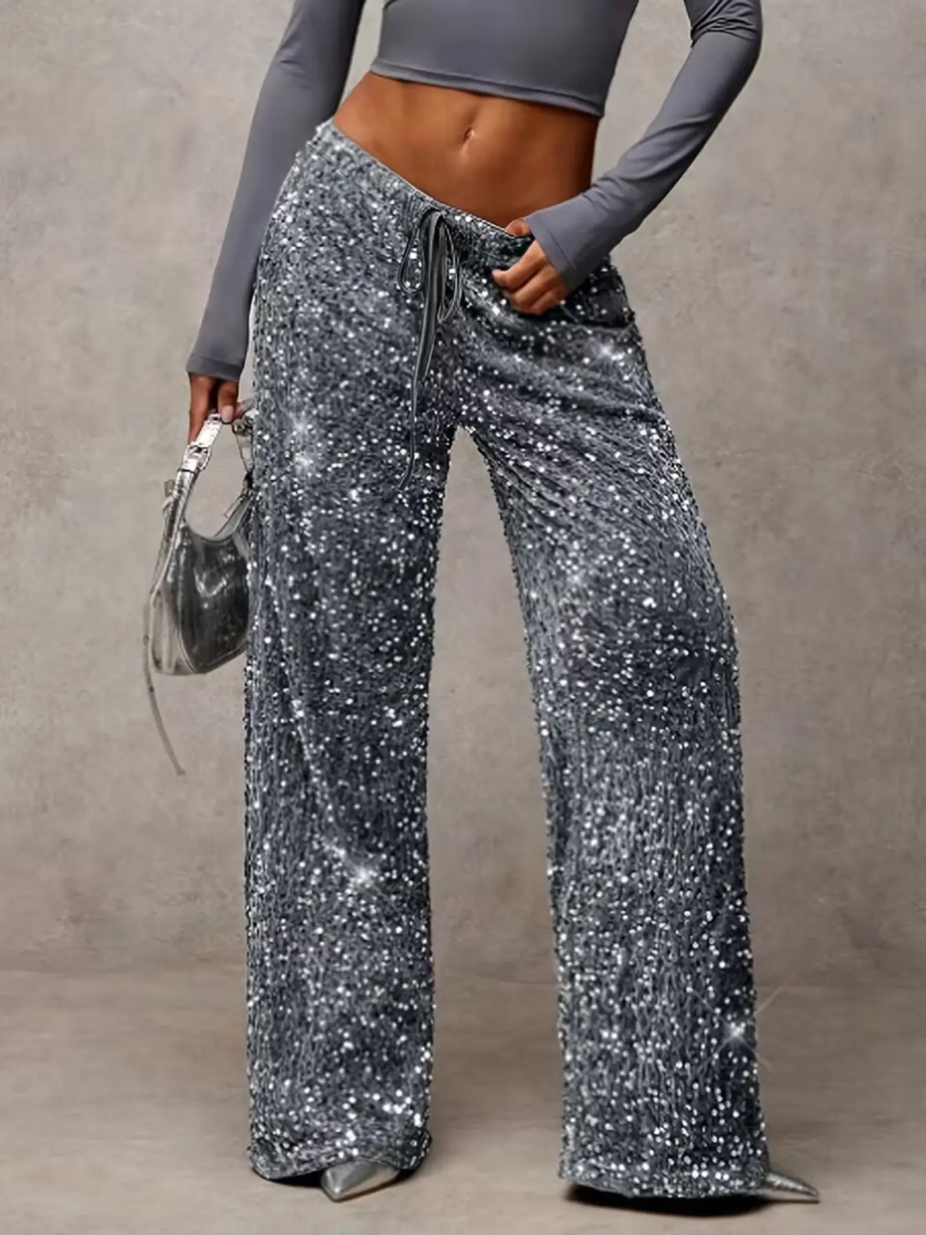 High-Waisted Velvet Contrast Sequins Wide-Leg Pants, Casual Elastic Waist Straight Leg for All Seasons, Party & Concert Wear