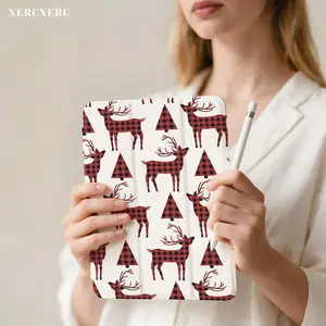 Red & Black Plaid Reindeer Tree Pattern PU Flip Case, TPU Soft Shell, Tri-fold Stand, Pen Slot, Shockproof Drop Protection, Auto Wake/Sleep, Fall iPad Back to School Gift for Air 11inch, 10th/9th/11th Gen, Pro 12.9/11/10.9 (2025/2024), 10.9/10.5, Mini 8.3