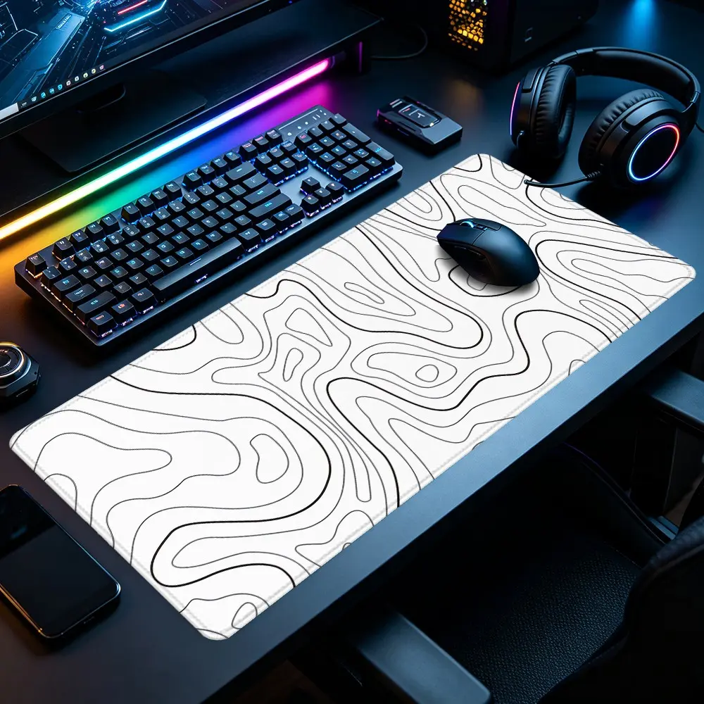 Black Contour Topographic Line Large Gaming Mouse Pad, Computer Desk Mat, Minimal Geometric Pattern Design Stitched Edge Non-Slip Thick Rubber Base Smooth Top Surface Desk Protection For Gaming Room Office Desk