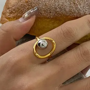 Uworld Minimalist Fashion Stainless Steel Two-Tone Beaded Open Ring