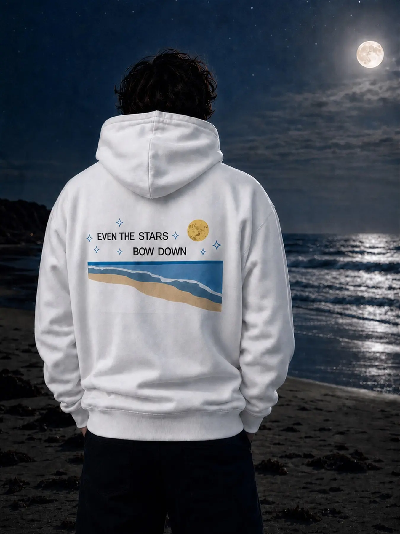 Men's Beige Moon and Ocean Graphic Hoodie, Even the Stars Bow Down Back Print, Oversized Long Sleeve Pullover Sweatshirt for Fall Winter Streetwear#MensHoodie #BeigeHoodie #MoonGraphic #OceanPrint #BackPrintHoodie#LetterPrint #GraphicHoodie