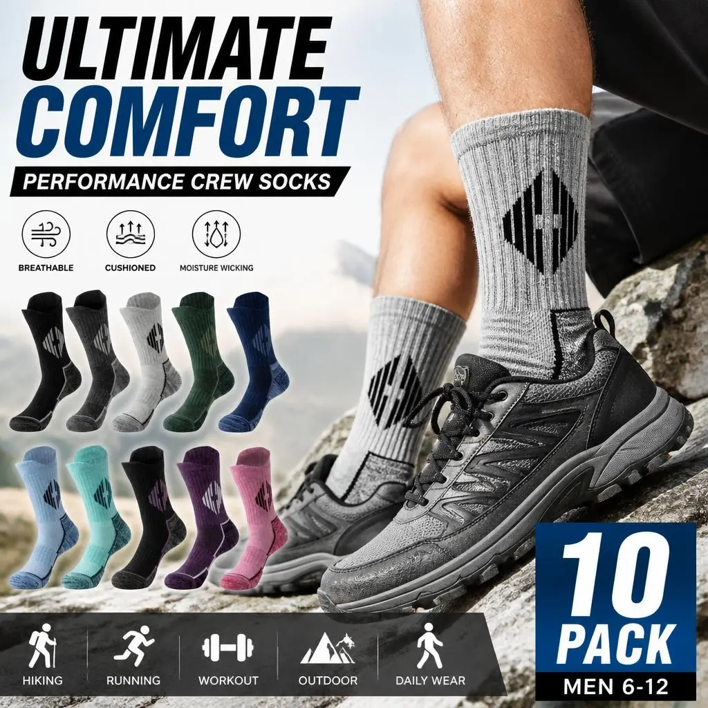 10 Pairs Sports Socks, Neutral Cotton Knit Crew Socks with Thick Sole, Compression Support, Breathable Mesh & Anti-Slip Cuffs for Basketball, Football & Hiking, Compression Crew Socks