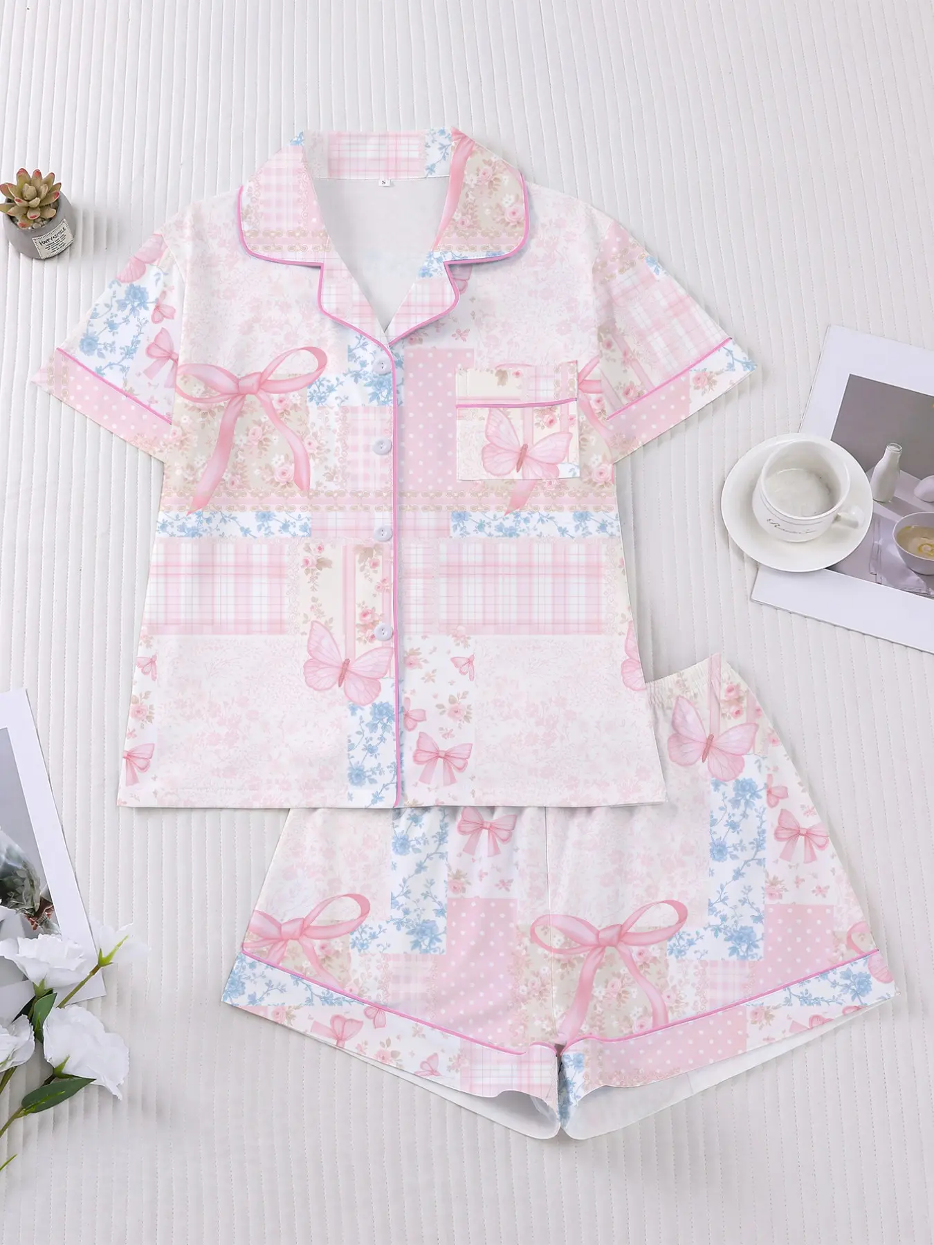 Women's Pajama Set, Cartoon Pattern, Butterfly, Elegant Fitted Style, All Seasons, Soft Button Shirt & Elastic Shorts, Comfortable Home Wear