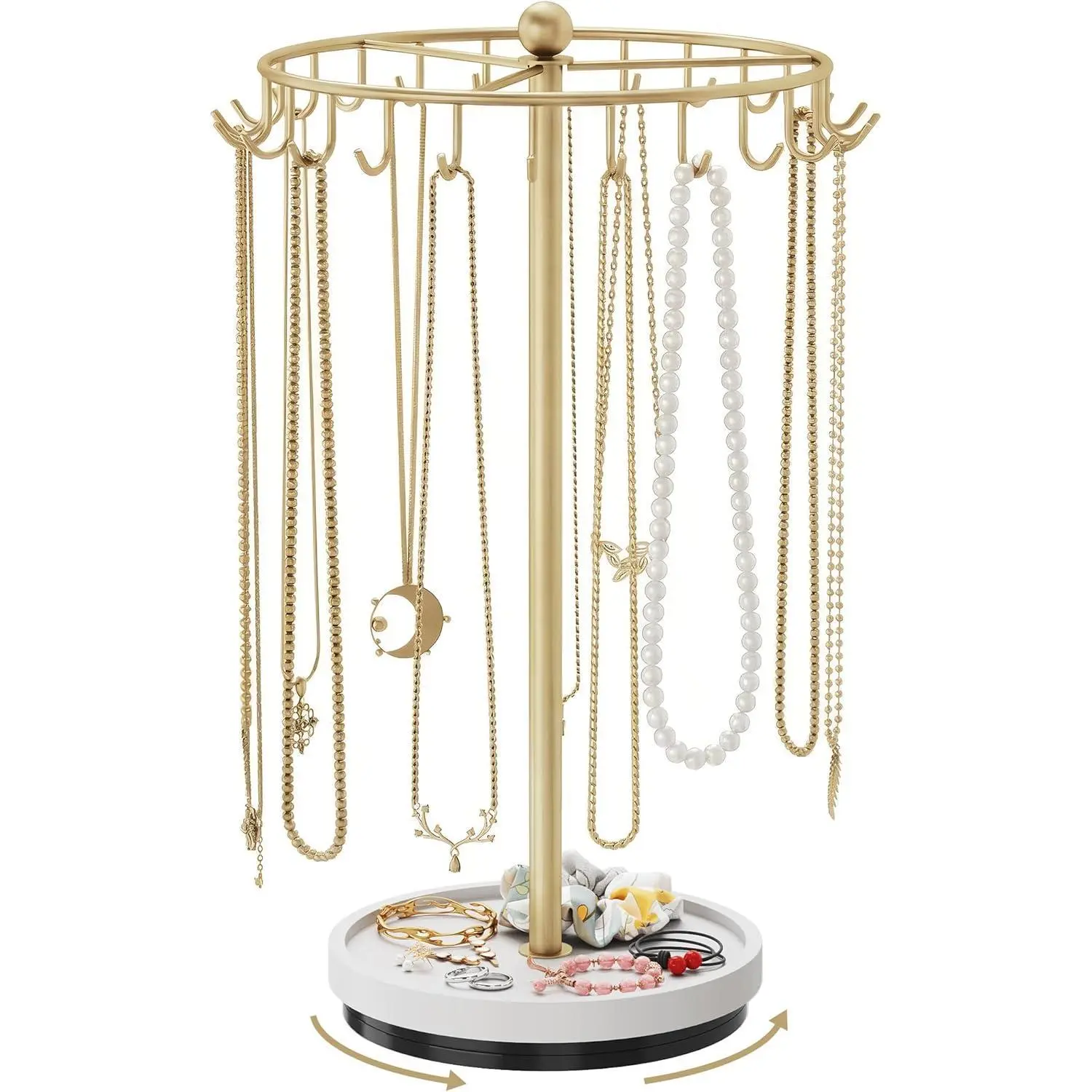 360° Rotating Necklace Holder Stand, 24-Hook Metal Jewelry Organizer with Wooden Base Tray, Tangle-Free Display for Necklaces, Bracelets, Earrings, and Accessories, Ideal for Vanity or Dresser