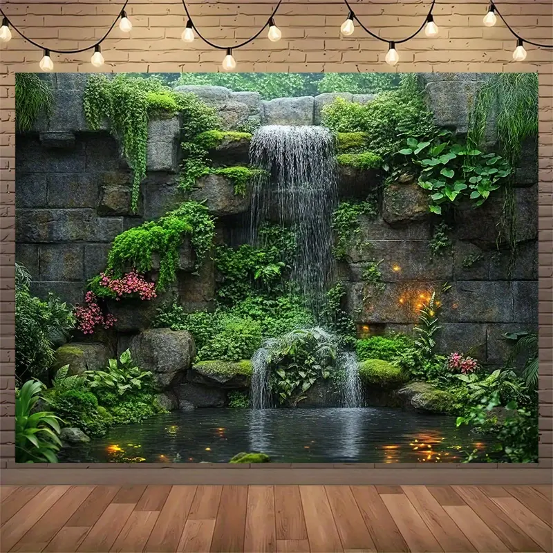 1PC 2D Polyester Waterfall Greenery Photography Backdrop - HD Lush Stone Wall Print, Wrinkle-Proof, Wear-Resistant, Non-Reflective, Easy-Hang, No Power Needed, for Wedding Party Decor, Indoor Outdoor Use, Natural Calm Vibe Banner Kit
