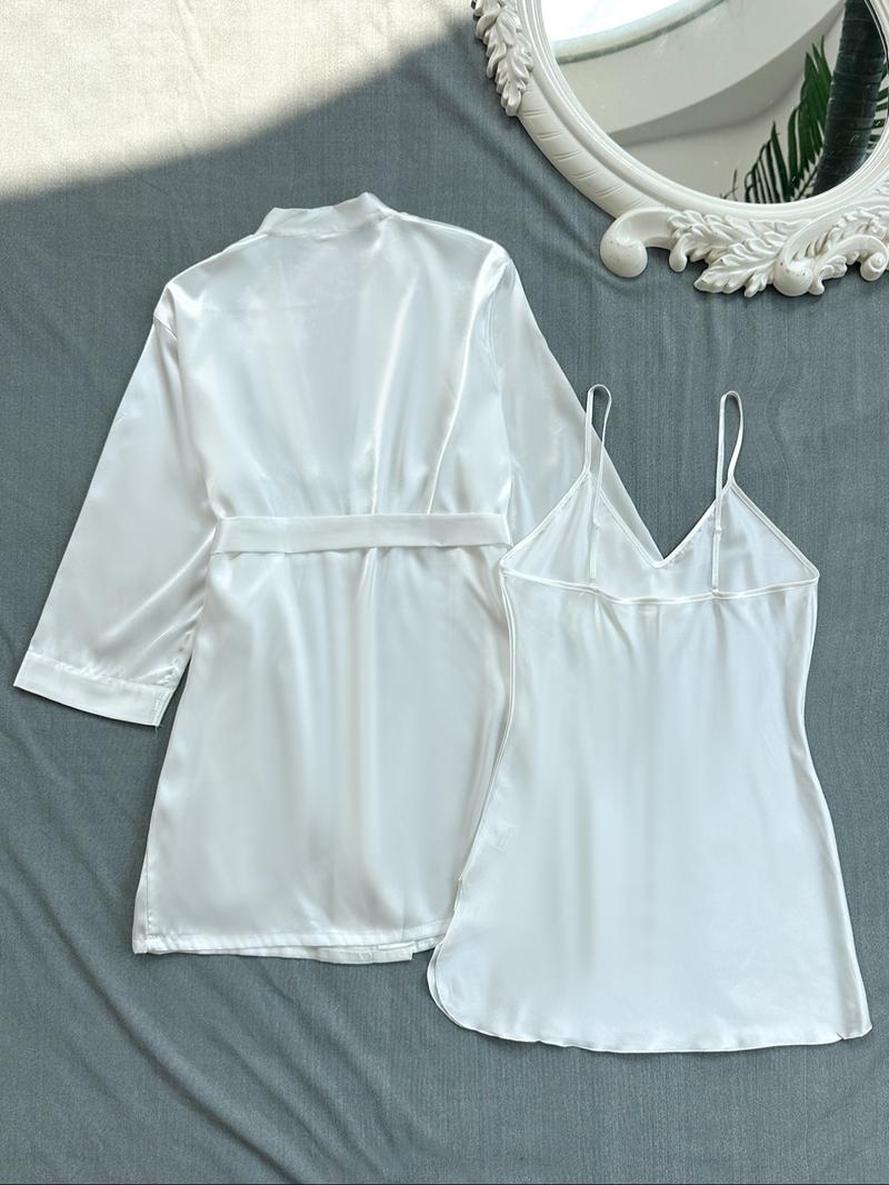 Women's Solid Belted Satin Pyjama Two-piece Set, Long Sleeve Cami Night Dress & Robe Pj Set, Women's Sleepwear for All Seasons