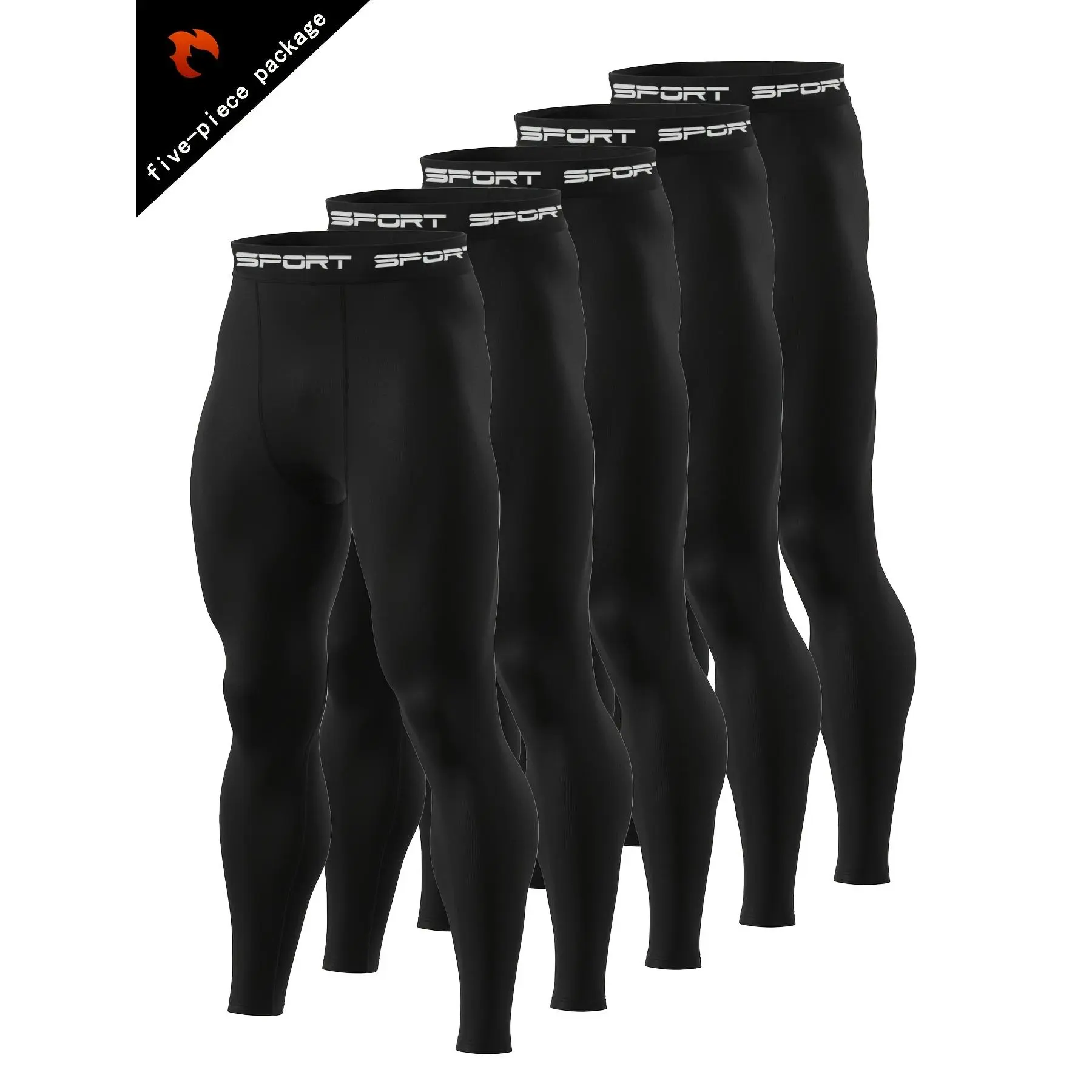 5pcs Men'S-Compression Leggings - Breathable, Quick-Dry, Stretchy Polyester/Elastane Blend, Soft & Durable Running, Gym, & Training - Black with "SPORT" Logo, Gym Training Gear| Sporty Leggings| Stretchy