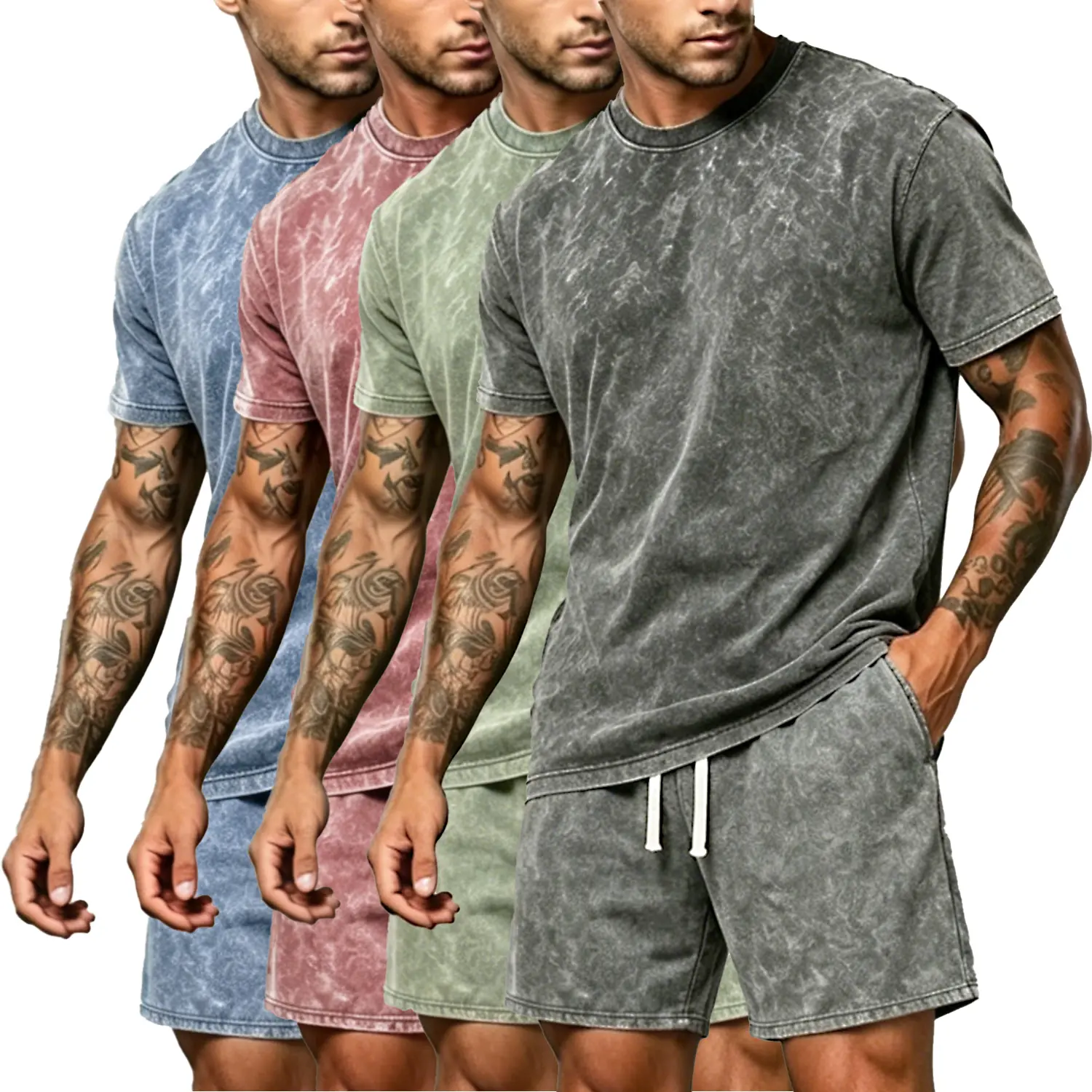 2 Piece Mens Outfits Acid Wash Short Sets Vintage T-Shirt Lightweight Breathable Cotton Tee and Drawstring Shorts Set Retro Y2K Grunge Streetwear Co-ords Summer Casual Matching Sweat Tracksuit Male Gym Loungewear Aesthetic Clothing Regular Fit Faded Look