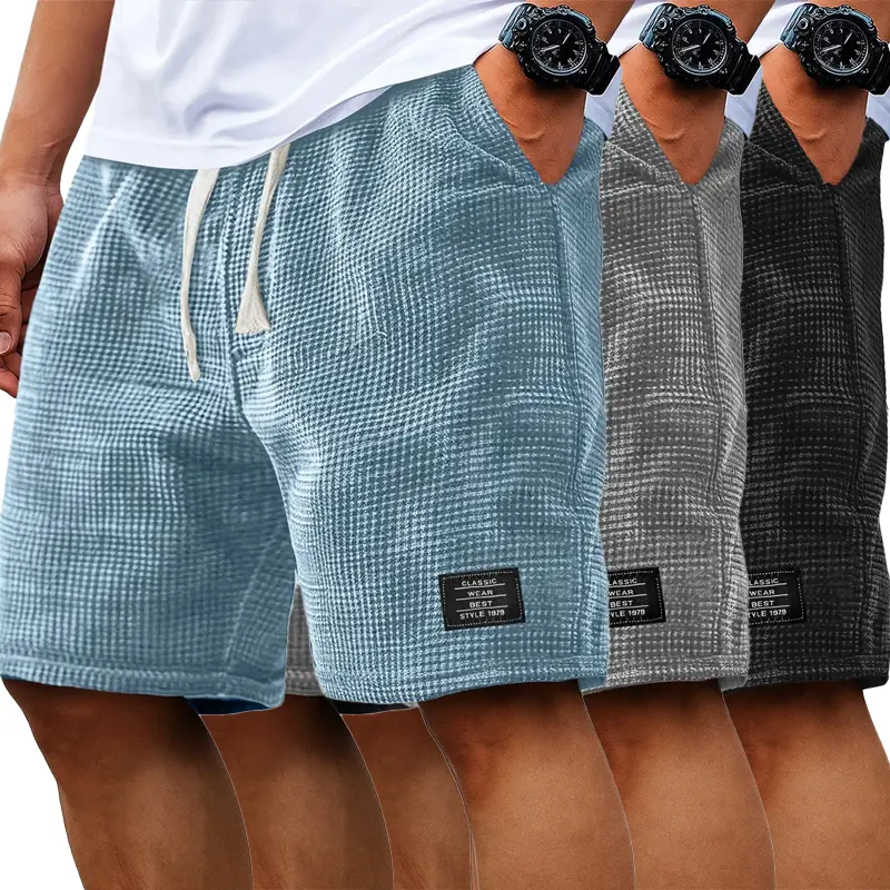 3 Pack Men's Waffle Knit Drawstring Shorts, Elastic Waist Loose Fit Casual Knee Length Shorts with Pockets, Breathable Summer Streetwear Sweat Shorts