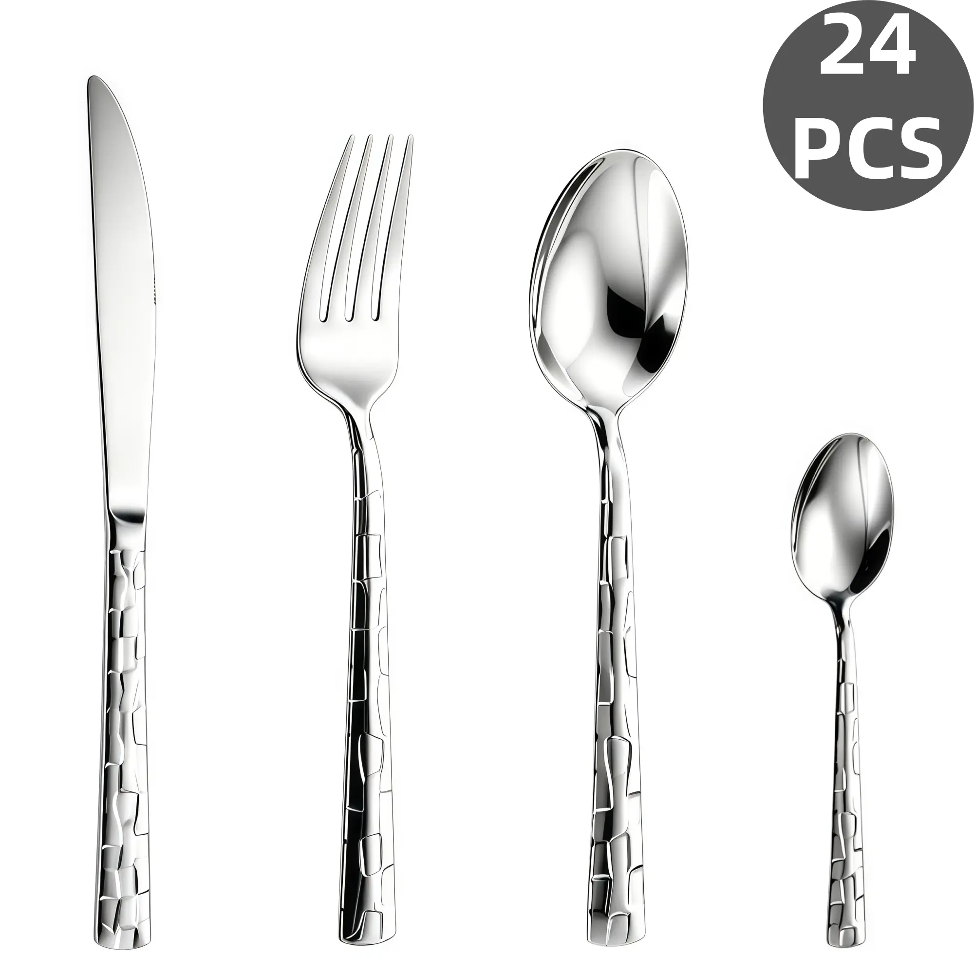 24-Piece Waterdrop Hammered Handle Stainless Steel Flatware Set, Premium Mirror Polished Cutlery, Dinner utensil set, Durable Rust Resistant, Perfect for Daily Dining, Parties, Camping & Holiday Presents