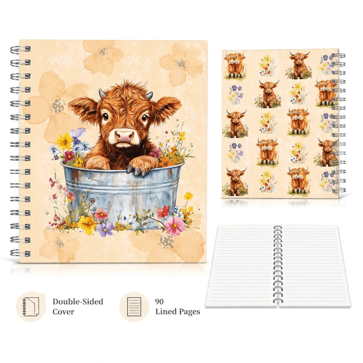 2PCS A5 Cute Highland Cow Sunflower Spiral Notebook, 90 Pages Lined Journal, 20×16cm Double-Sided Cover Pattern Writing Notebook, Back to School Supplies for Girls Students Leaf for College Lectures, Office Notes & Daily Inspiration Jotting