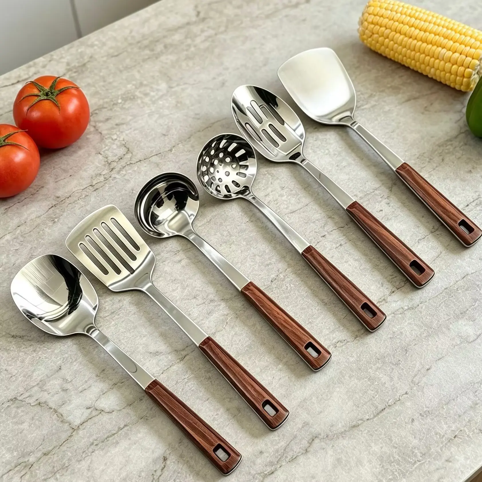 6pcs Thick Stainless Steel Kitchen Cooking Set, High-Quality Wood Grain Handle, Hole Spoon, Restaurant Serving Spoons, Essential Cooking Tools, Kitchen Utensils