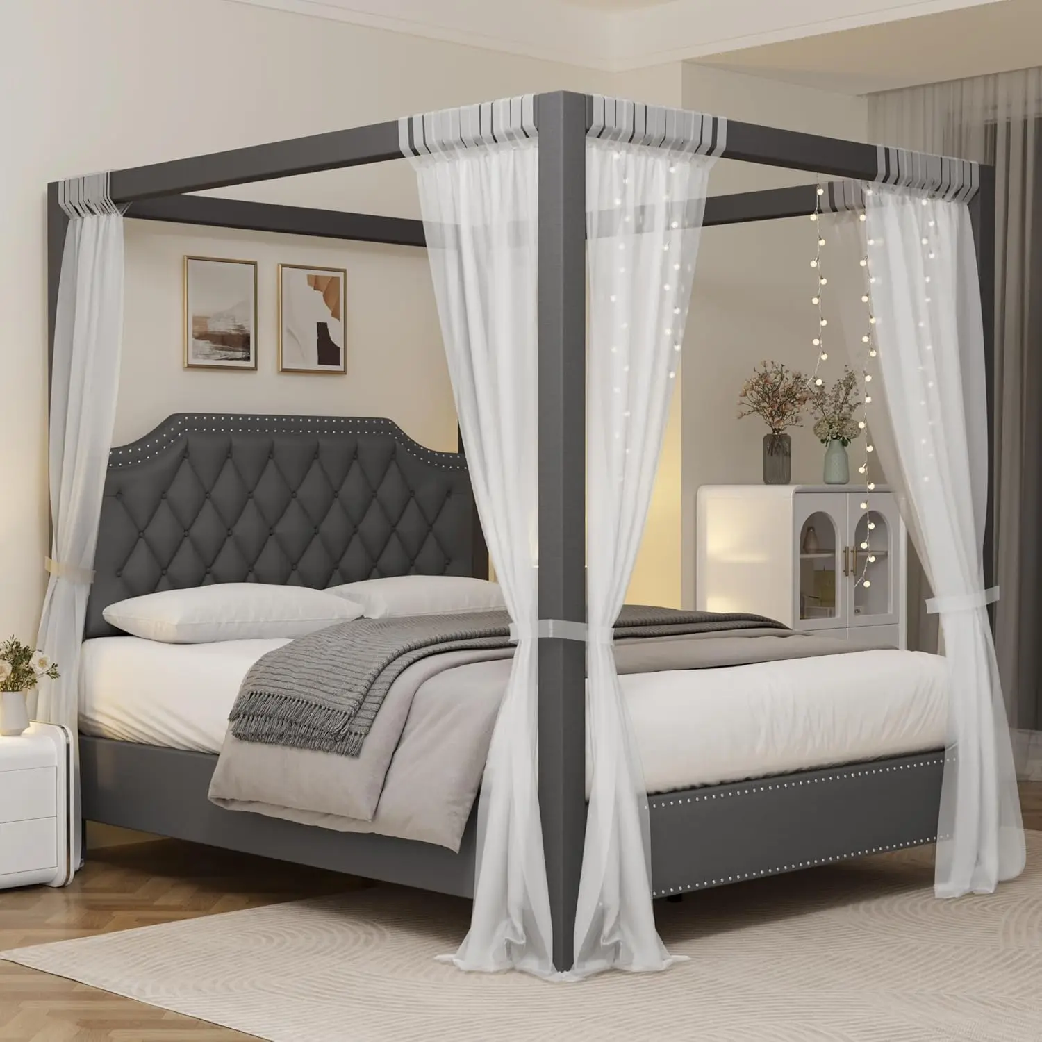 Queen Canopy Bed Frame with Nailhead Headboard, Upholstered 4-Poster Bed with Solid Wood Slats, No Box Spring Needed, Noise Free, Gray/Beige