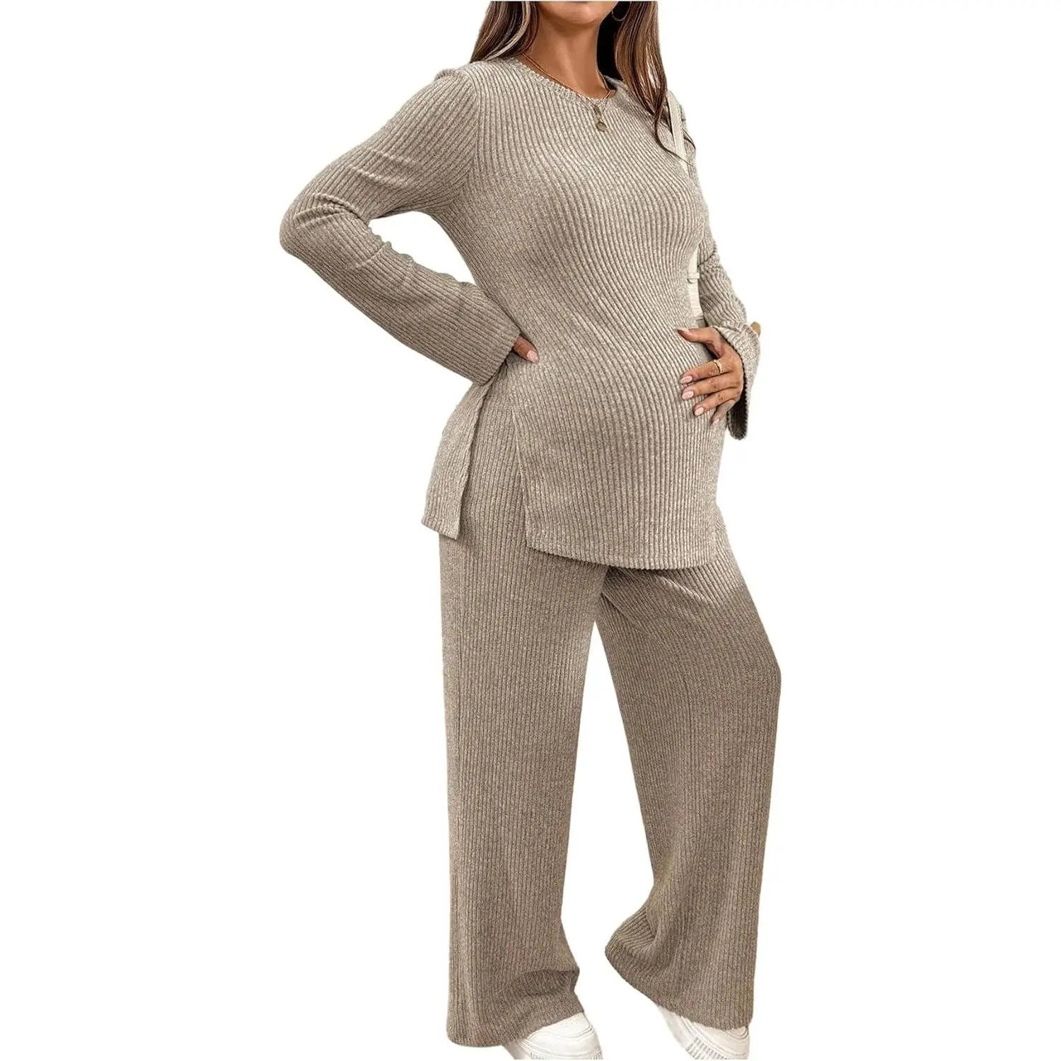 Women's Maternity 2 Piece Ribbed Knit Fall Pregnancy Outfits Crew Neck, Tops and Pants Set, 2 Piece Outfits, Fall, Maternity Matching Sets, Clothes Winter