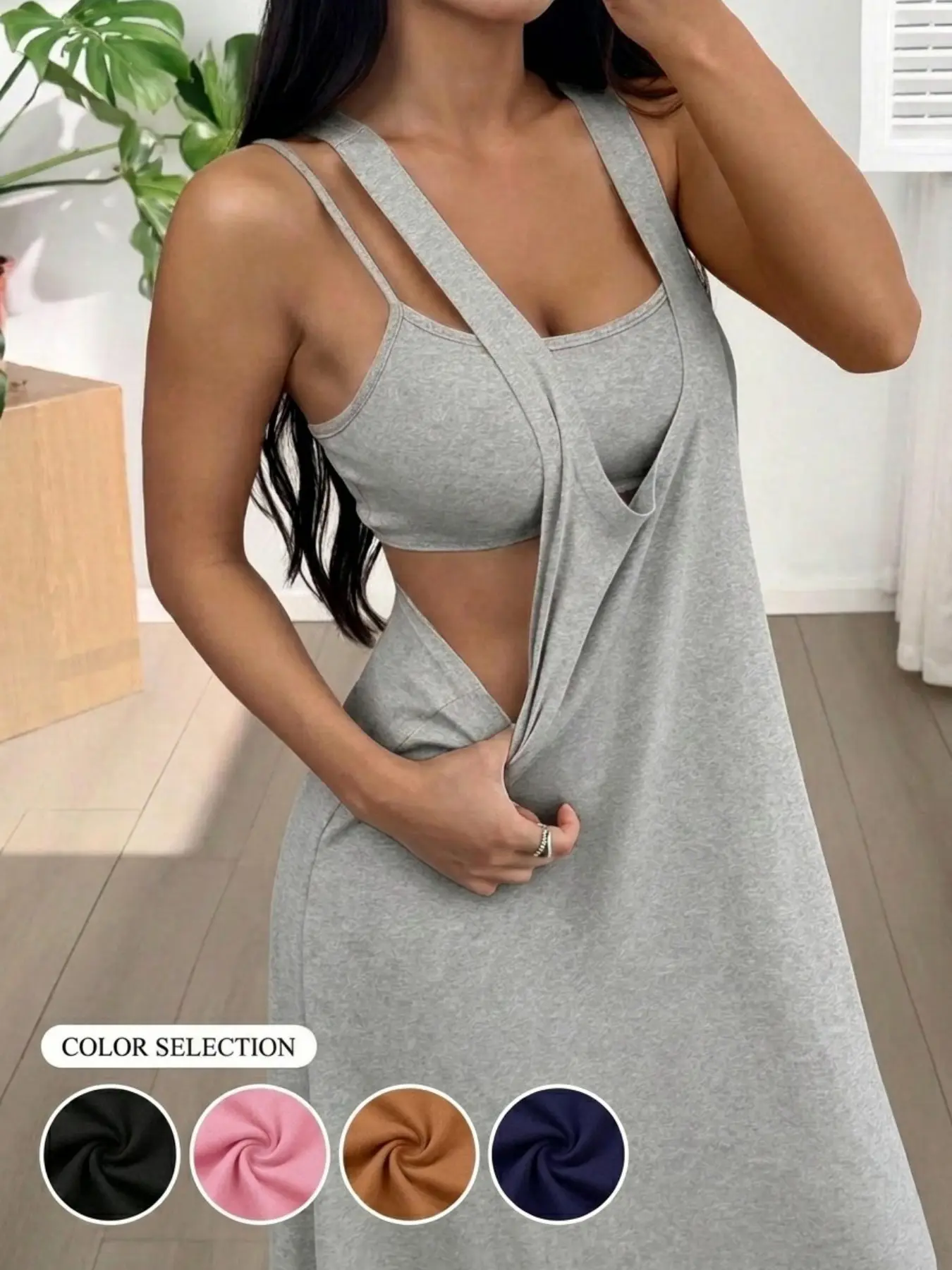 Women's Plain Cami Top Tank Top and Dress Two-Piece Set, Casual Chic Breathable Elastic Fabric, Summer Outdoor Wear, Loose Fit Above-Ankle Length