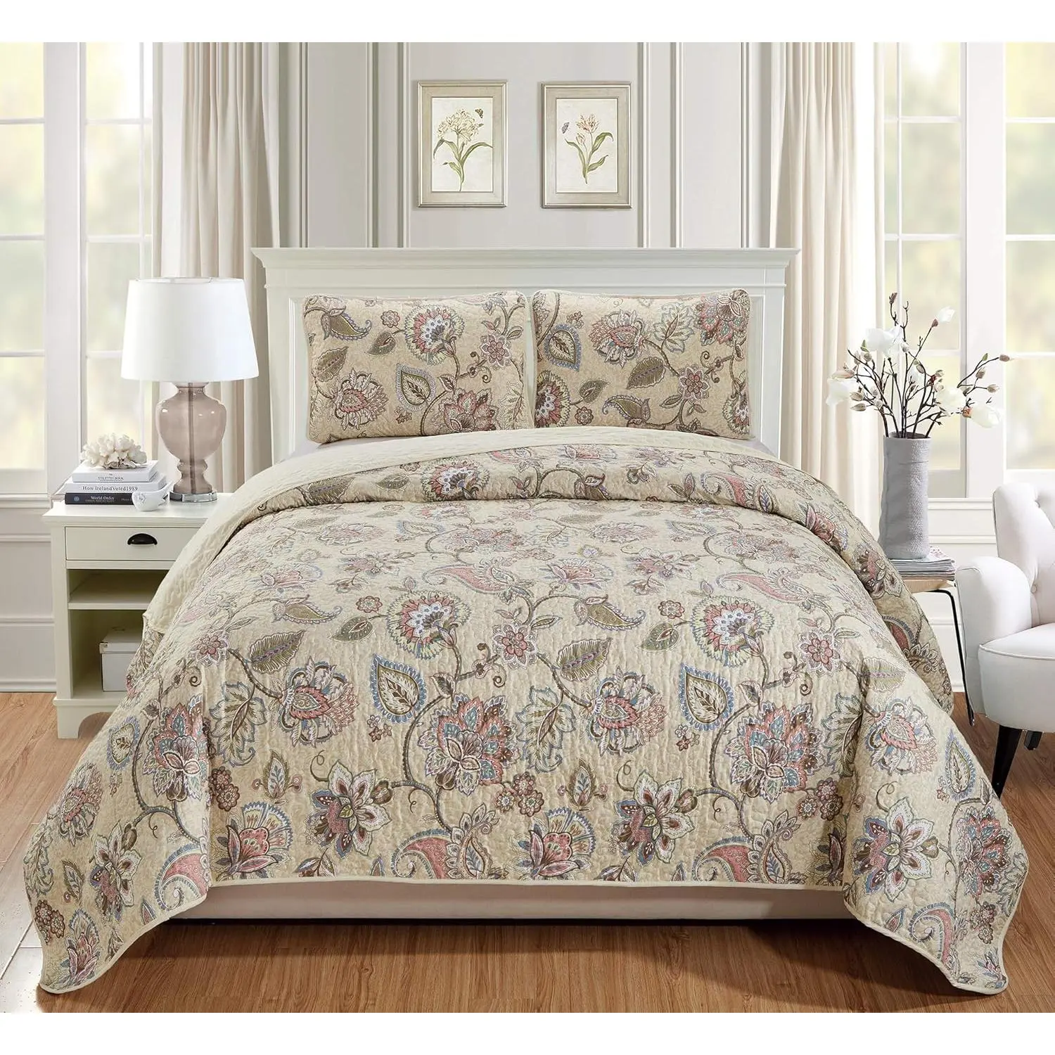 3pc King/California King Bedspread Set Floral Beige Pink Blue Taupe Green Flowers Leaves Over Size New