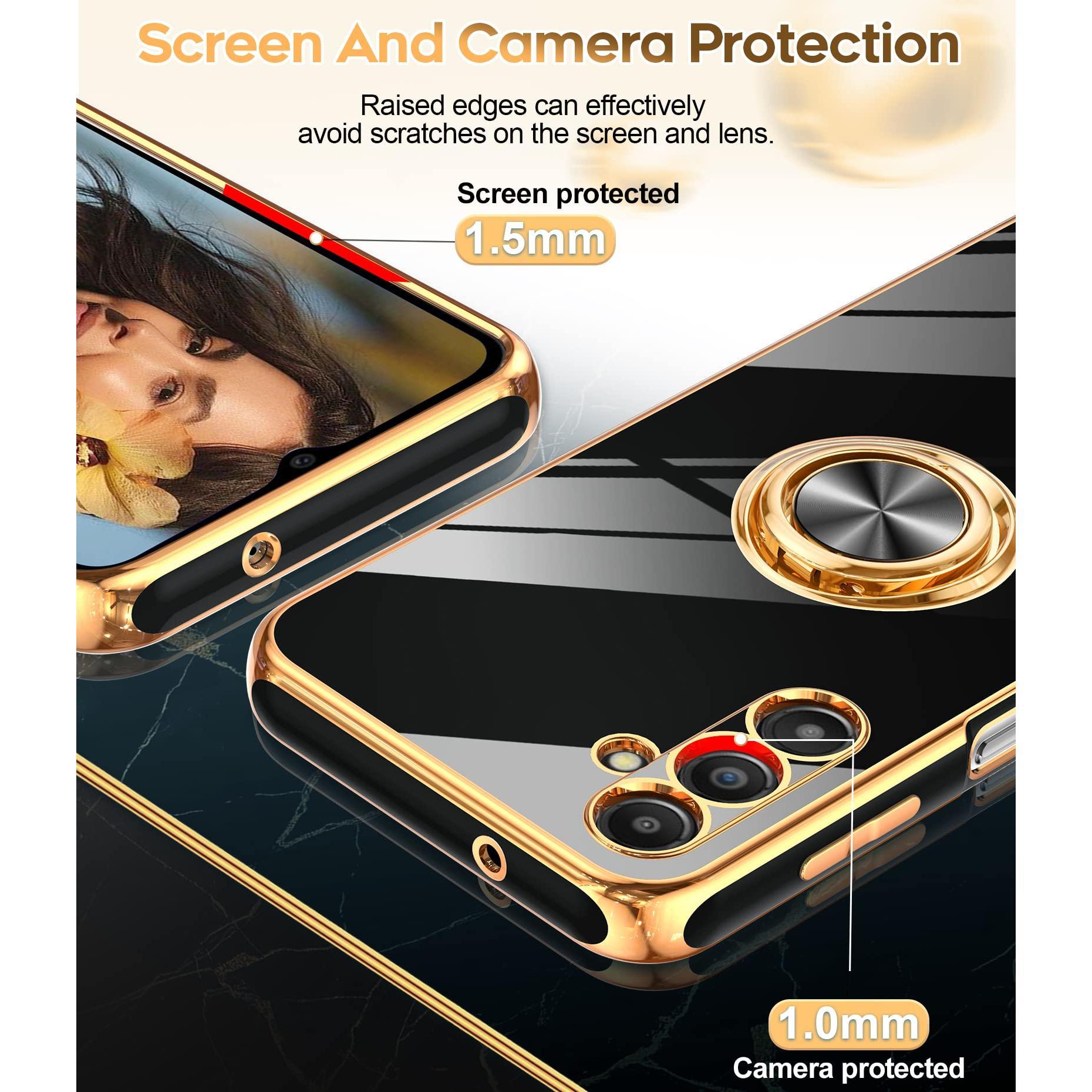 For Galaxy A14-5g Phone Case: 2 Pack Tempered Glass Screen Protector And 360° Rotatable Ring Magnetic Kickstand  Rose Edge Cell Android Basic Funda Para A 14 5g Cover Black