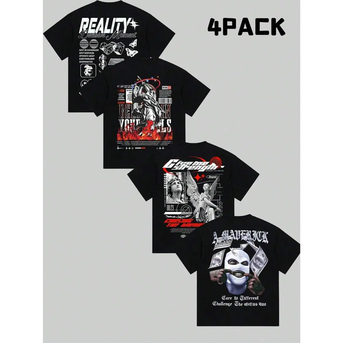 4 Pack Angel Planet Fire Collage Full Back Motivational Graphic Believe In Your Dreams Slogan Tee, Comfort Soft For Skate Park City Club Downtown Coffee Urban Casual Male Female T-Shirt