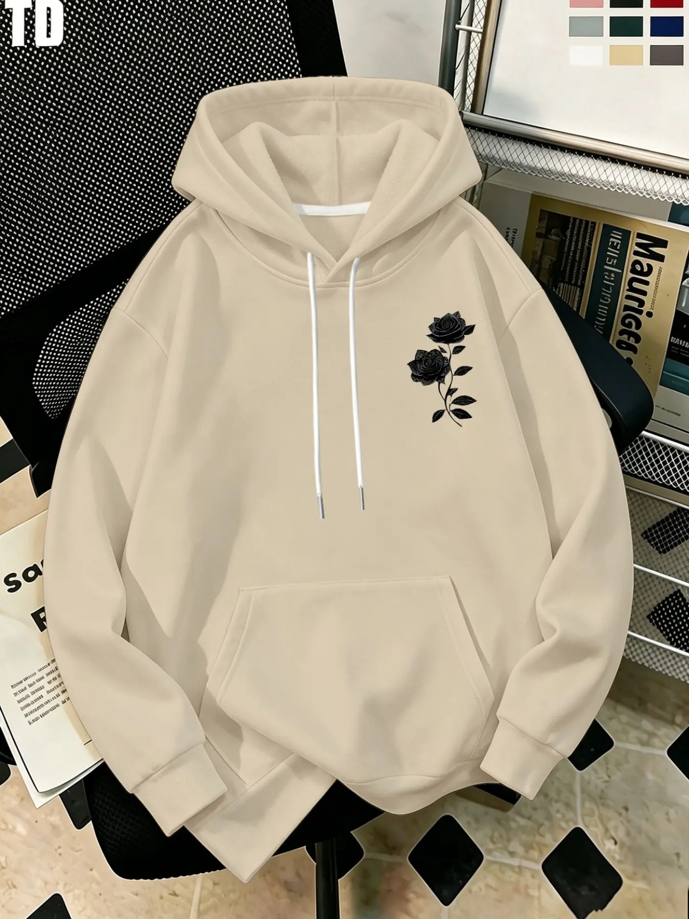 Men's Fall Winter Rose Print Fleece Sweatshirt, Casual Loose Fit Hooded Top, Perfect for Outdoor Wear, Comfortable and Stylish, Casual Streetwear Sweatshirt, Casual Pullover Sweatshirts