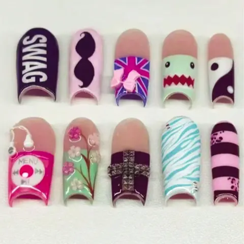 24pcs Medium-Length Coffin Shape Nail Art Set, Cartoon Face Design, Includes Jelly Glue & File, Suitable for Girls & Women, Nail Art Products