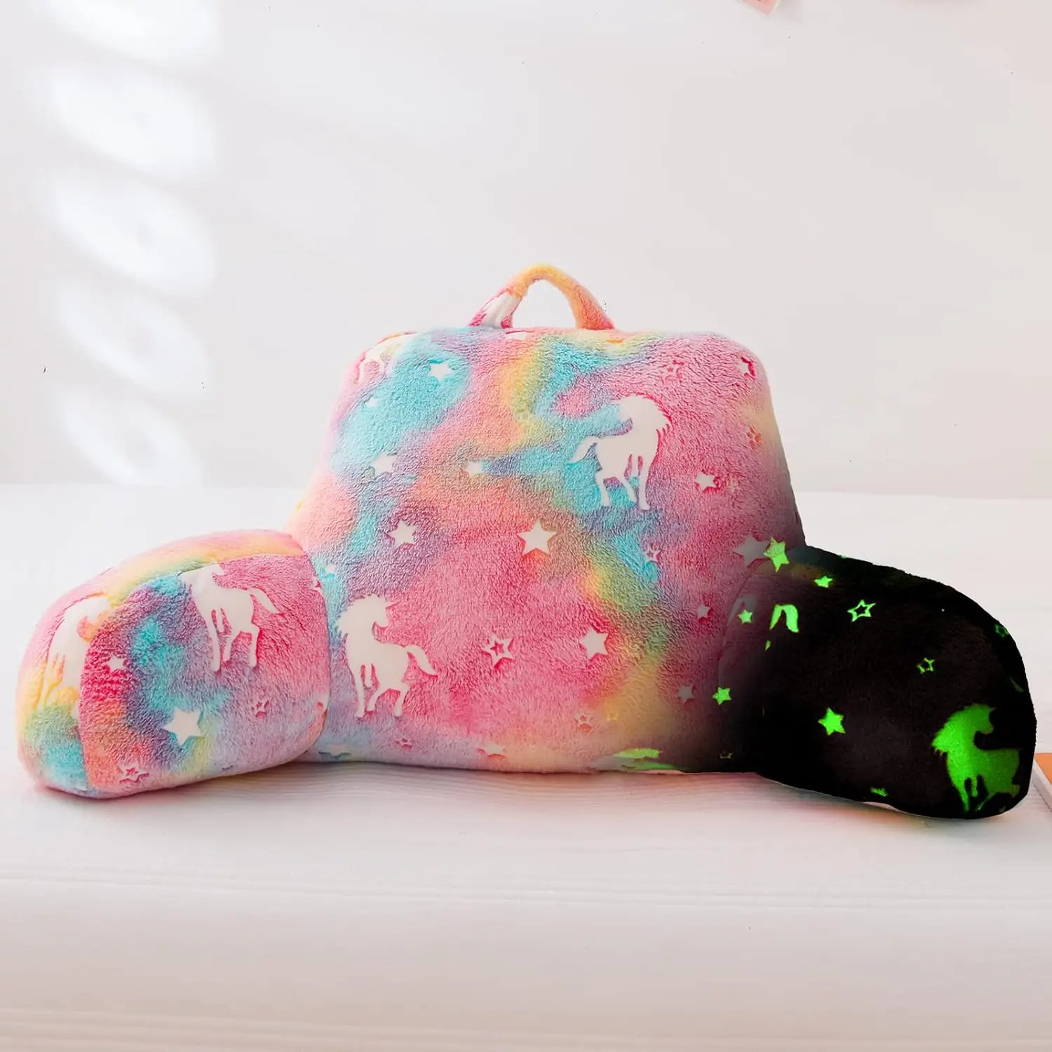 Reading Pillow Glow in The Dark Bed Rest Wedge  Glow Backrest Pillow Unicorn Print with Arms  Support for Sitting Up in Bed Cushion, Rainbow