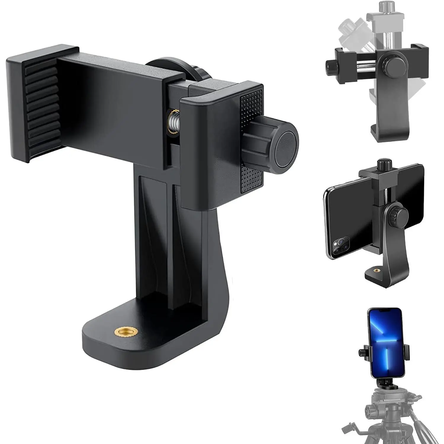 Cell Phone Tripod Mount Adapter,  Phone Holder Adjustable Clamp, 360  Rotatable Bracket 1/4" Screw Clip for , Samsumg, Selfie Stick, Monopod (Black-1 Pack)