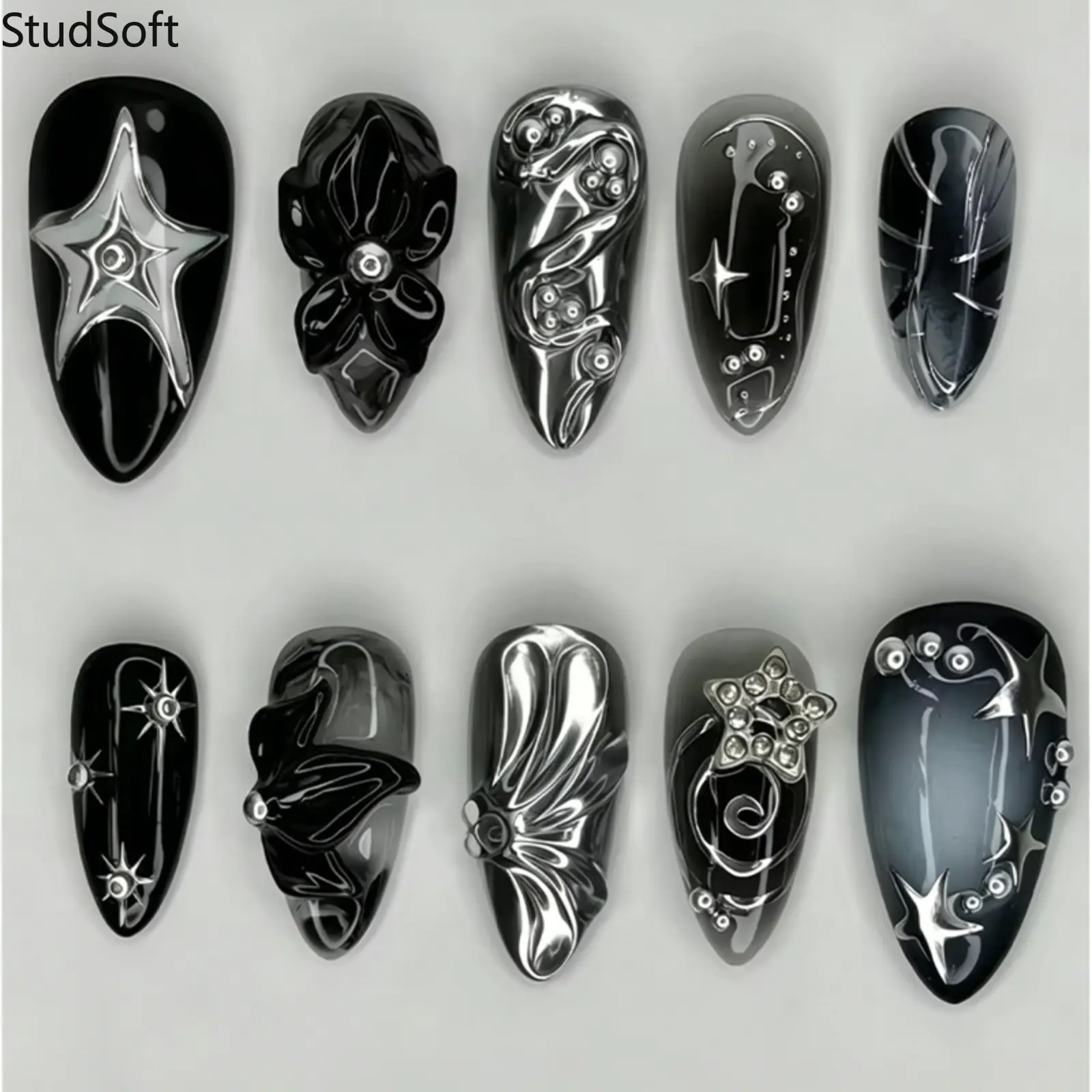 30pc Y2K Press on Nails Almond Medium Fake Nail Patches Glossy Black Chrome Metallic Silver Star Artificial Nails Reusable Cyber Punk Party Kit