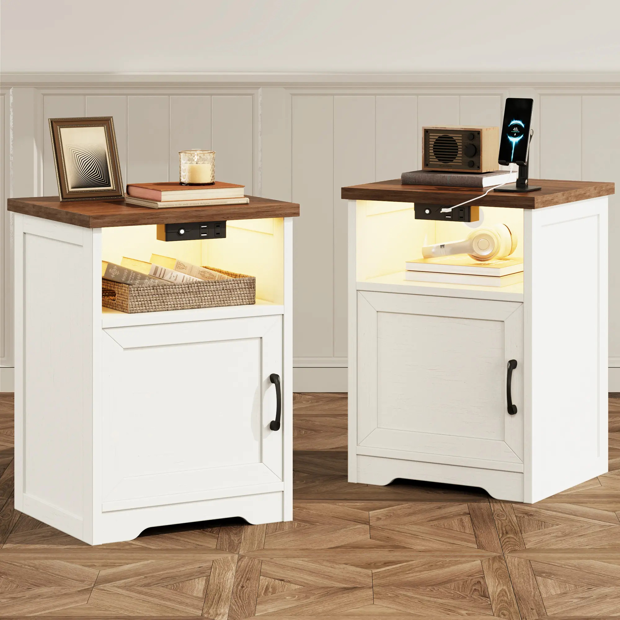 AODK Wood Rectangular Farmhouse Nightstand Dual Packs, Easy Setup Bedroom Bedside Tables with USB+AC Charging, LED Lights, Door & Shelf Storage End Tables