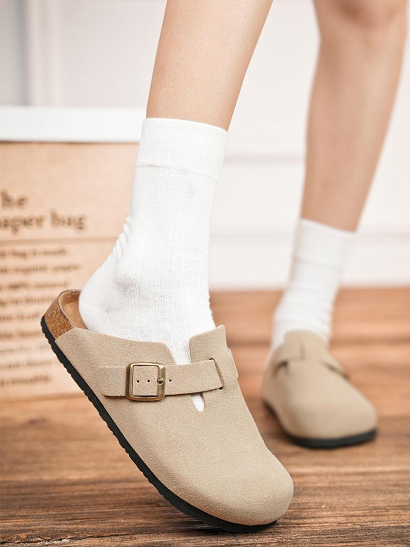 Unisex Cork Heel Clogs, Casual Comfortable Suede Fashion Slippers with Adjustable Buttons, Outdoor Slip-ons and Walking Shoes, Footwear, Flat Shoes, Minimalist Clogs