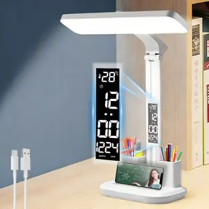 Multifunctional Study Desk Lamp, Adjustable Touch Table Light with 3-Tone Dimming and Time Display, Pen Holder, Ideal for Studying and Reading
