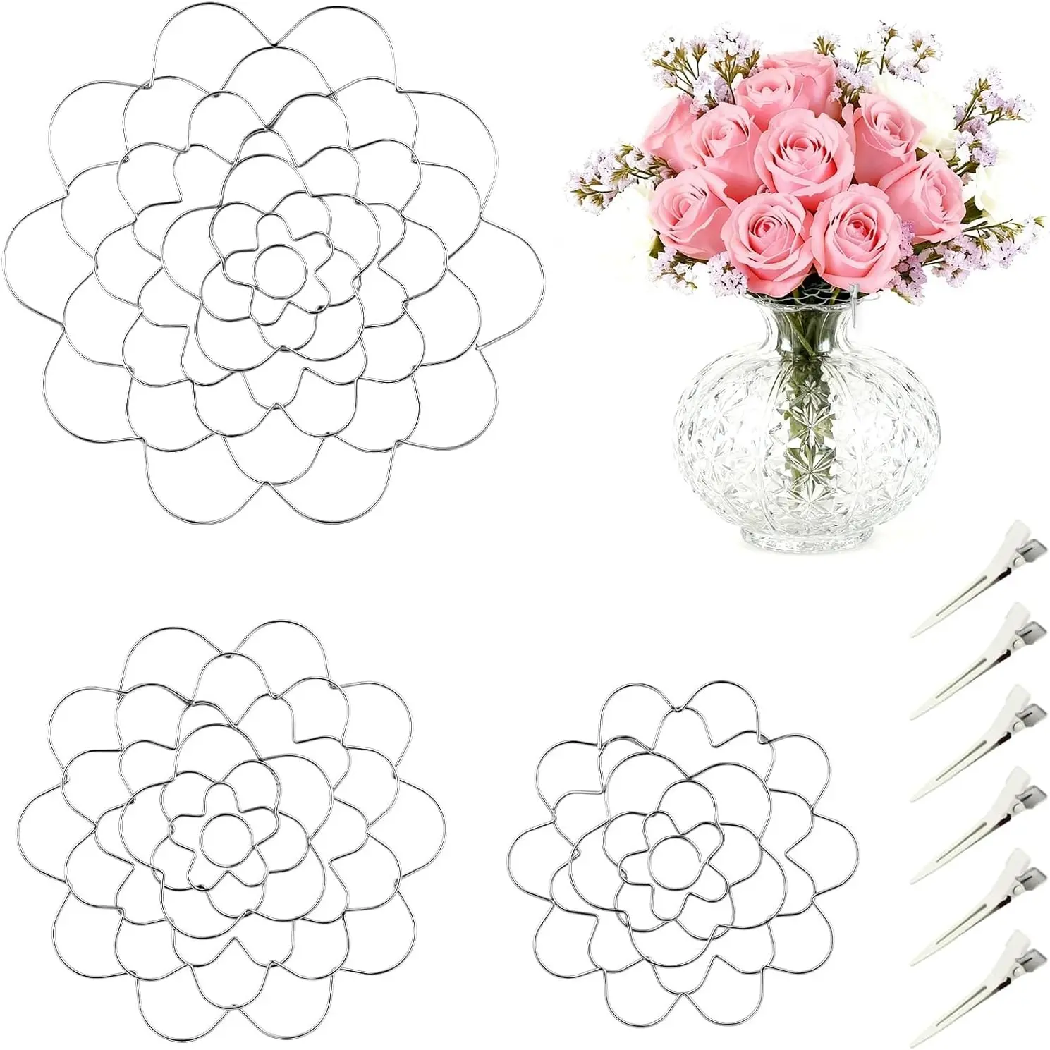 3Pcs Silver Stainless Steel Flower Arrangement Holder Set - Floral Grid Wire Frog Insert Organizer for Vases Bouquets DIY Home Decor