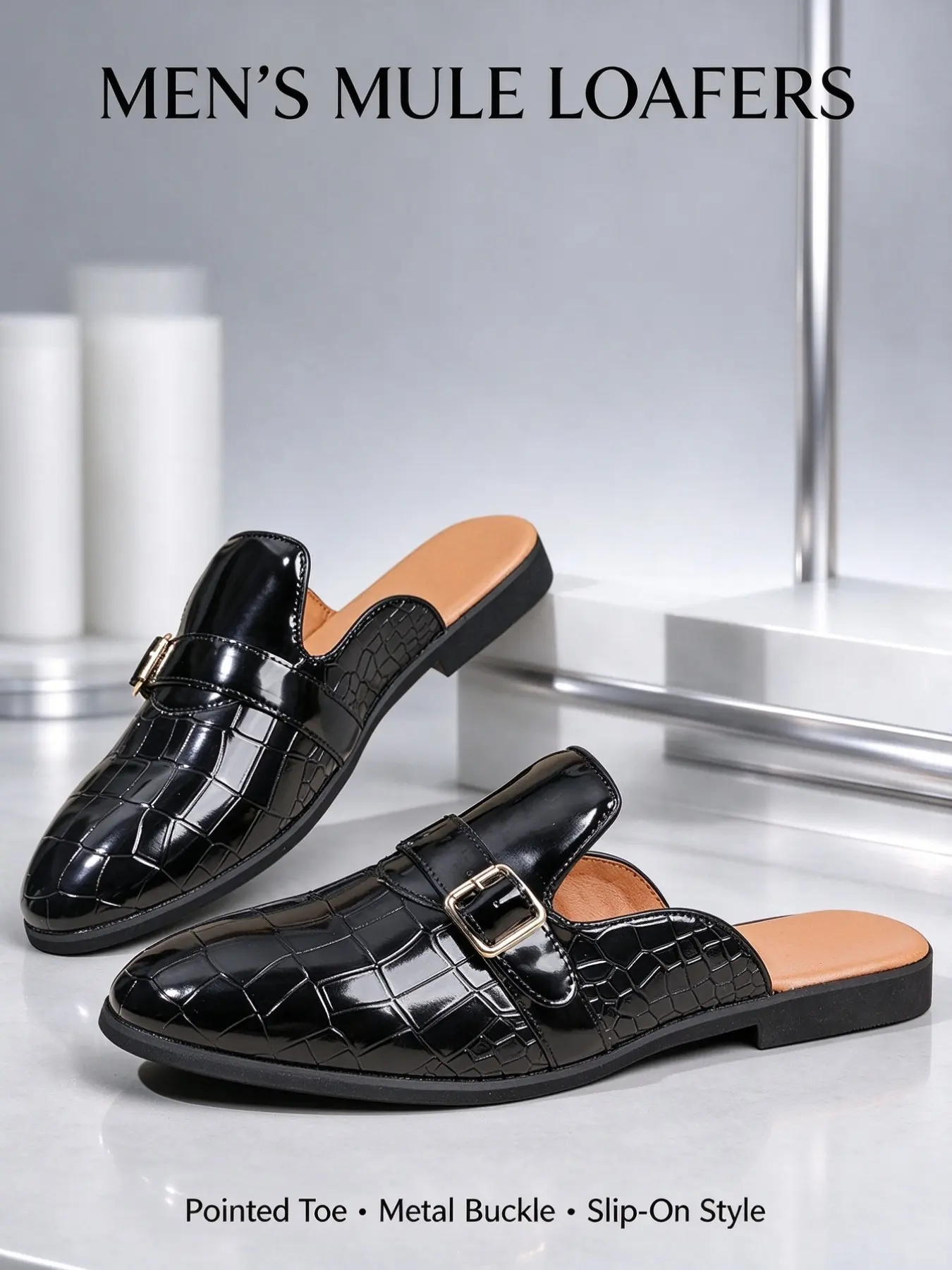 Vintage Embossed Men's Slip-On Loafers, Glossy Leather with Metal Buckle, Flat Anti-Slip Sole, Fashionable Commuter Shoes, Trendy Mules Footwear